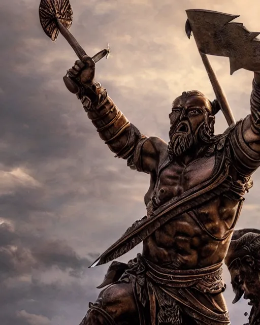 Prompt: a gigantic 1 0 0 0 foot bronze statue of a spartanburg warrior holding his spear and shield, god of war, fantasy landscape, thousands of tiny onlookers, photorealistic, atmospheric