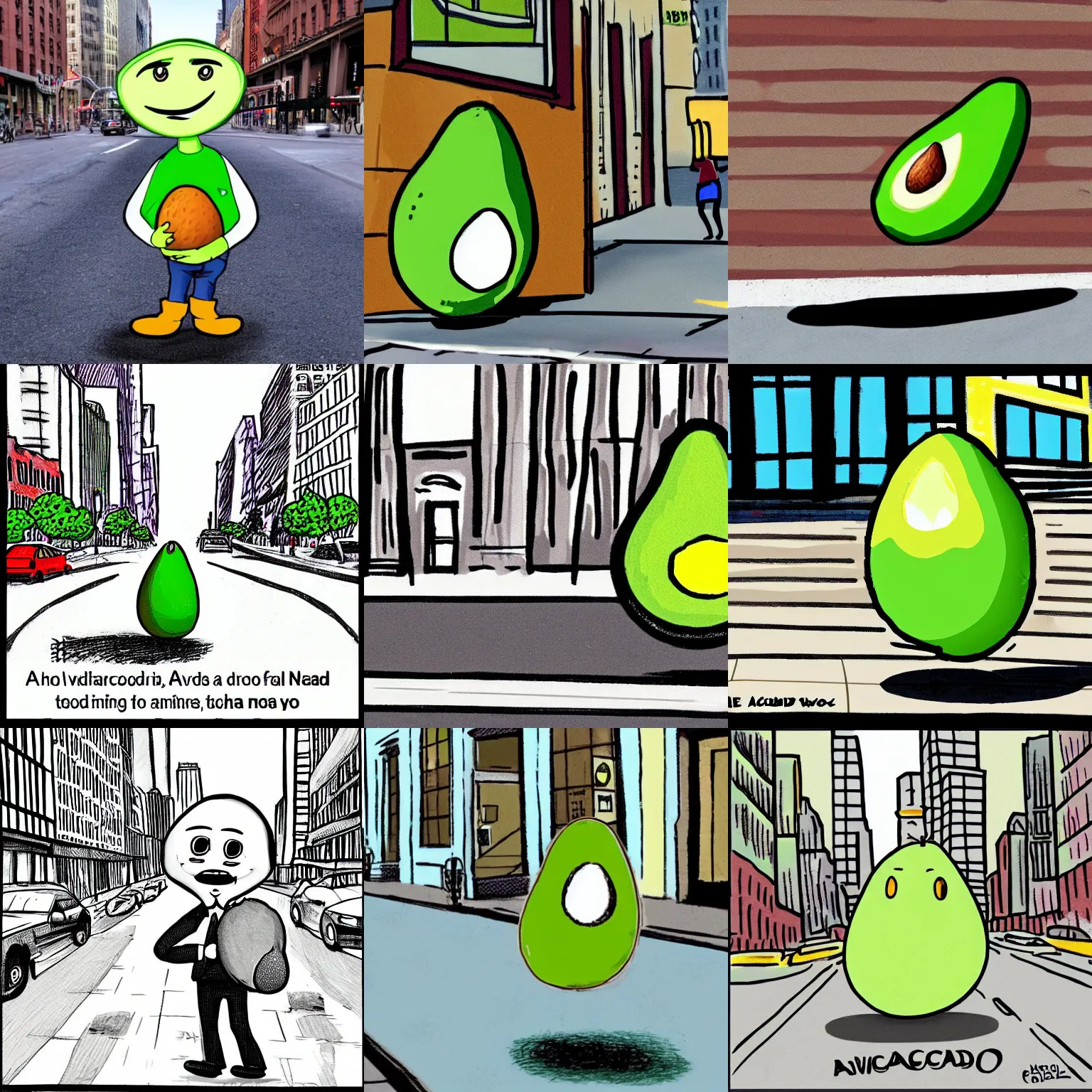 Prompt: an avocado walking down a street in new york, cartoon