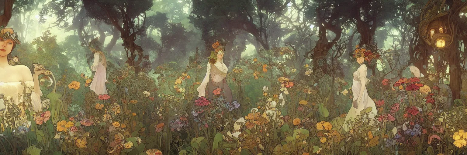 Image similar to A beautiful painting of a utopian garden and forest steampunk landscape by Alfons Maria Mucha and Julie Dillon and Makoto Shinkai