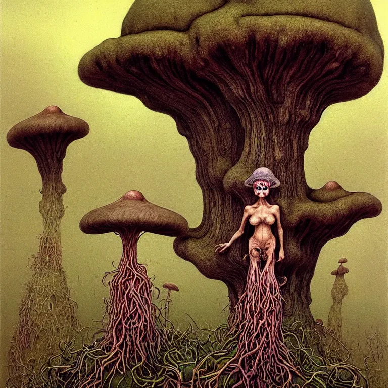 Image similar to A funguswoman stands among the mushroom hills. Lush mold. Wearing a fungus and mushroom. Perfect faces, symmetrical faces, symmetrical features, coherent faces, extremely high detailed, fine details, realistic, fantasy art, solo, masterpiece, art by Zdzisław Beksiński, Arthur Rackham, Dariusz Zawadzki, Edward Robert Hughes, Eugene de Blaas, Frederic Leighton