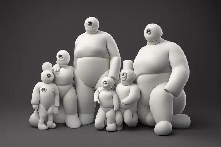 Image similar to alabaster Bibendum model, family portrait of Michelin Man, Bibendum family portrait, sculpture, photograph, studio lighting, product photography, while marble, figurine, octane render