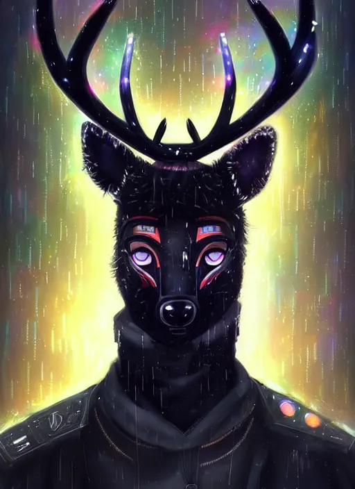 Image similar to award winning beautiful portrait commission of a male furry anthro Black Reindeer cyberpunk fursona with a tail, wings, wings, wings and a cute beautiful attractive detailed furry face wearing a crown, stylish black and rainbow galaxy clothes, outline, in a cyberpunk city at night while it rains. Character design by charlie bowater, ross tran, artgerm, and makoto shinkai, detailed, inked, western comic book art