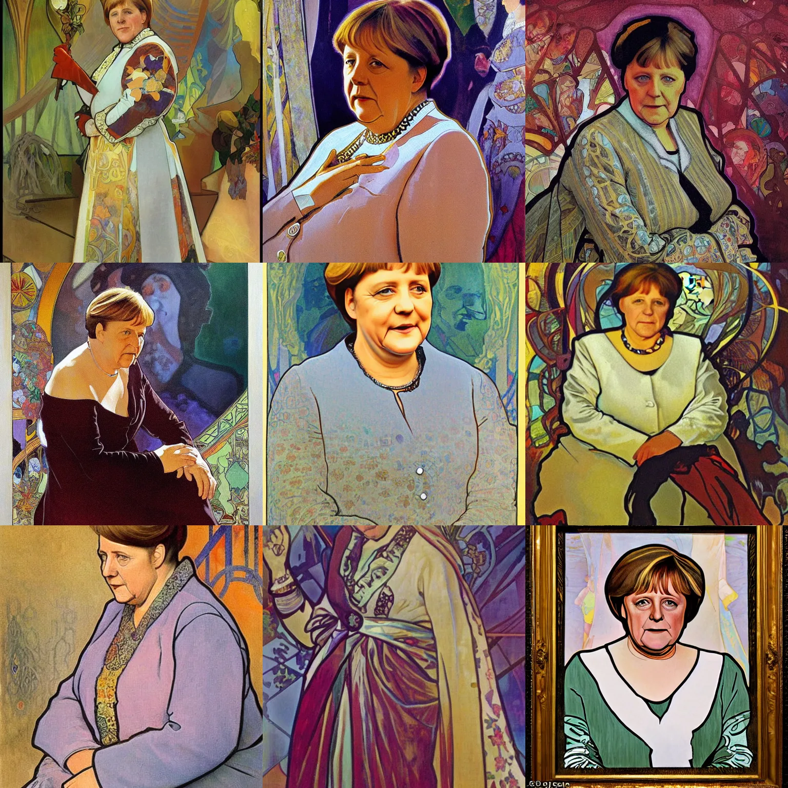 Prompt: painting of angela merkel, by alfons mucha