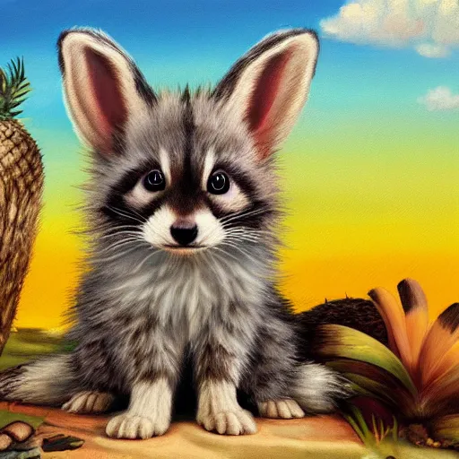 Prompt: cute fluffy hybrid animal cross between kitten, raccoon, and lop eared bunny rabbit sitting on a tropical beach landscape detailed painting 4 k