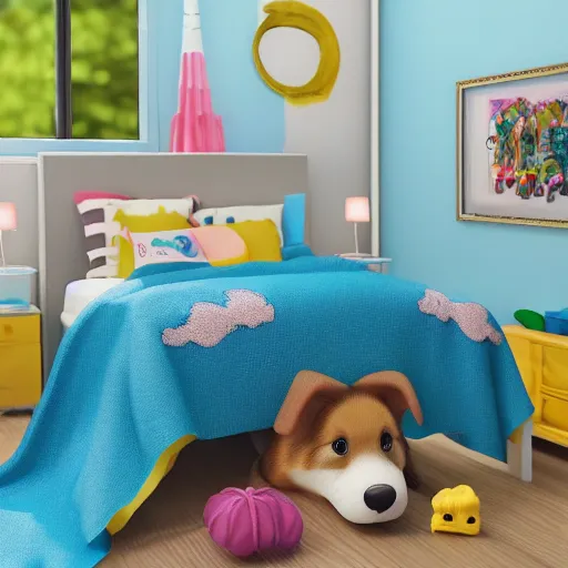 Prompt: eye - level view, in a child's bedroom filled with toys there is a bed under a window with a colorful bedspread. a super cute gsd puppy runs and jumps on the bed and plays with its toys. hilarious, funny, back to school comedy, cg animation, 3 d octane render, imax 7 0 mm,