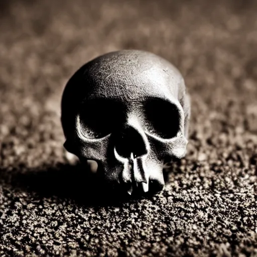 Image similar to a tiny human Skull, black background, close-up macro photography, bokeh, shallow focus