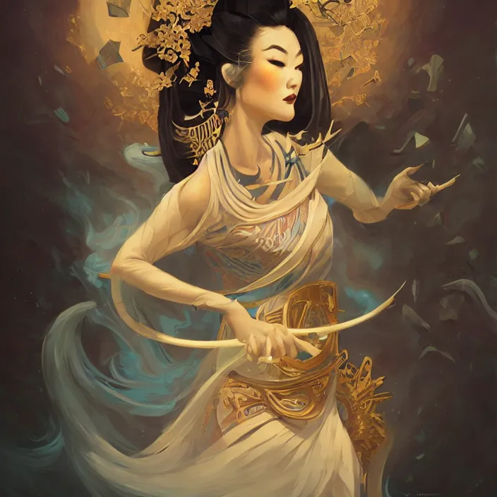 Prompt: asian geisha, by peter mohrbacher, intricate detail, artstation, artgerm, in the style of darkness fantasy, rococo, gold leaf art, rime lighting