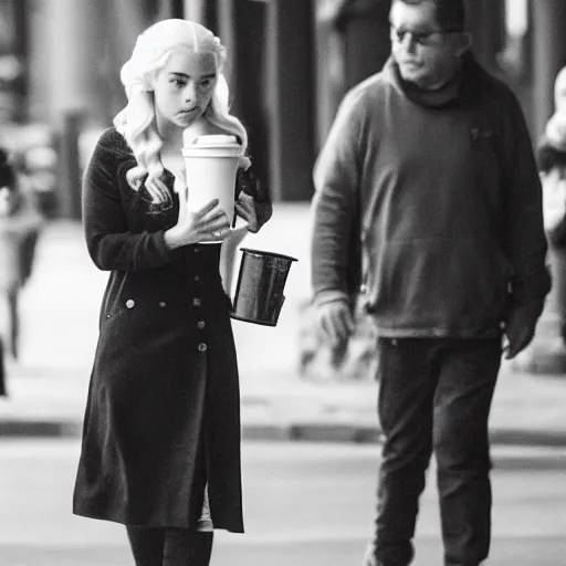 Prompt: a long shot paparazzi photographic of daenerys targaryen walking downtown vancouver, british columbia drinking starbucks, mid day lighting, candid street photography