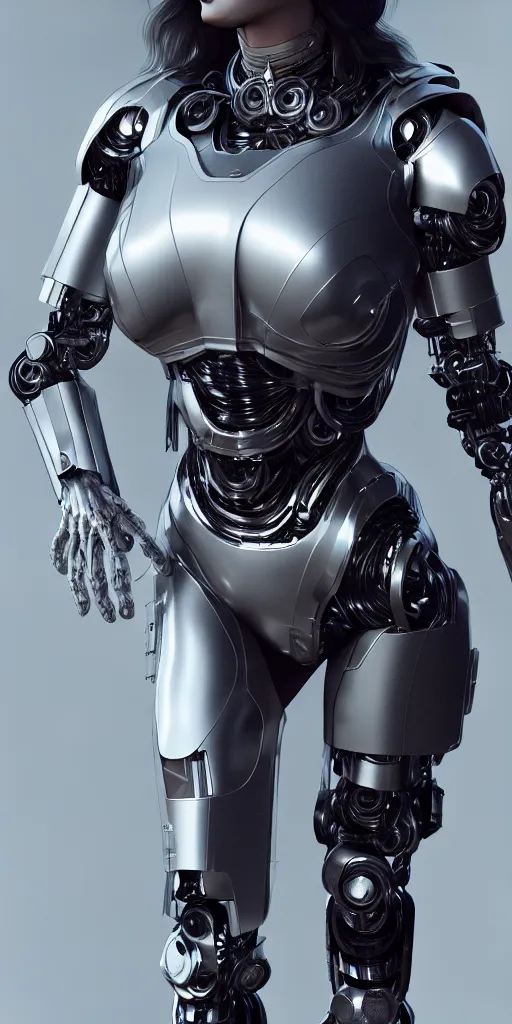 Image similar to hyper realistic symbiosis, kim kadarshian as female cyborg, glossy material surface, body armour, octane render, 4 k, volumtric lights