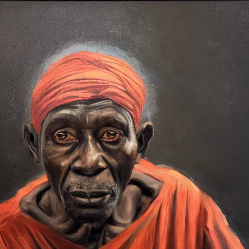 Prompt: a painting of a elder African man by Lynette Yiadom-Boakye . dramatic angle, ethereal lights, details, smooth, sharp focus, illustration, realistic, cinematic, artstation, award winning, rgb , unreal engine, octane render, cinematic light, macro, depth of field, blur, red light and clouds from the back, highly detailed epic cinematic concept art CG render made in Maya, Blender and Photoshop, octane render, excellent composition, dynamic dramatic cinematic lighting, aesthetic, very inspirational, arthouse.