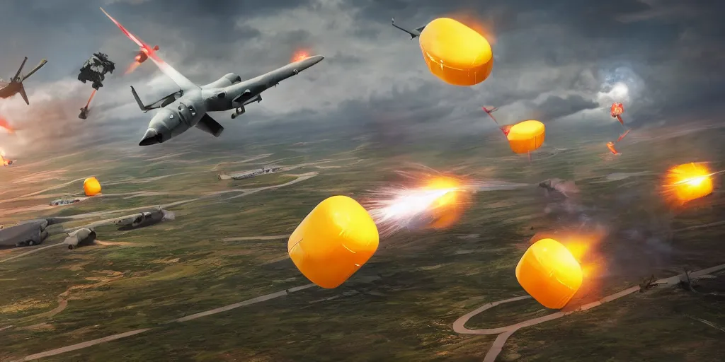 Image similar to giant flying tic tacs attacking a military air field, unreal engine render, octane render, realistic, intricate, detailed