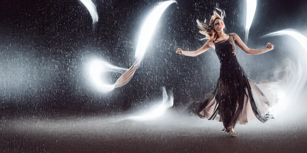 Image similar to slow motion with trail effect of futuristic break dancer wearing floating long dress and emitting fire, long exposure shot , at night in the middle of a rainy street, paddle of water, steam, fog, water splashes, rim lights, glossy reflections, water droplets on lens, octane render, dark and dramatic, explosion in the background, detailed and soft, fisheye