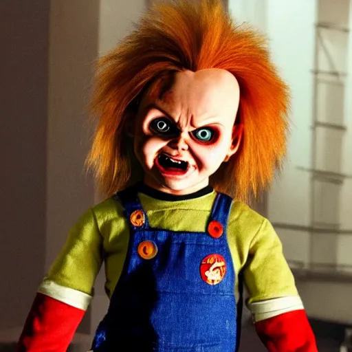 Image similar to Chucky the killer doll from the movie Child's Play scary movie still 8k hdr creepy lighting