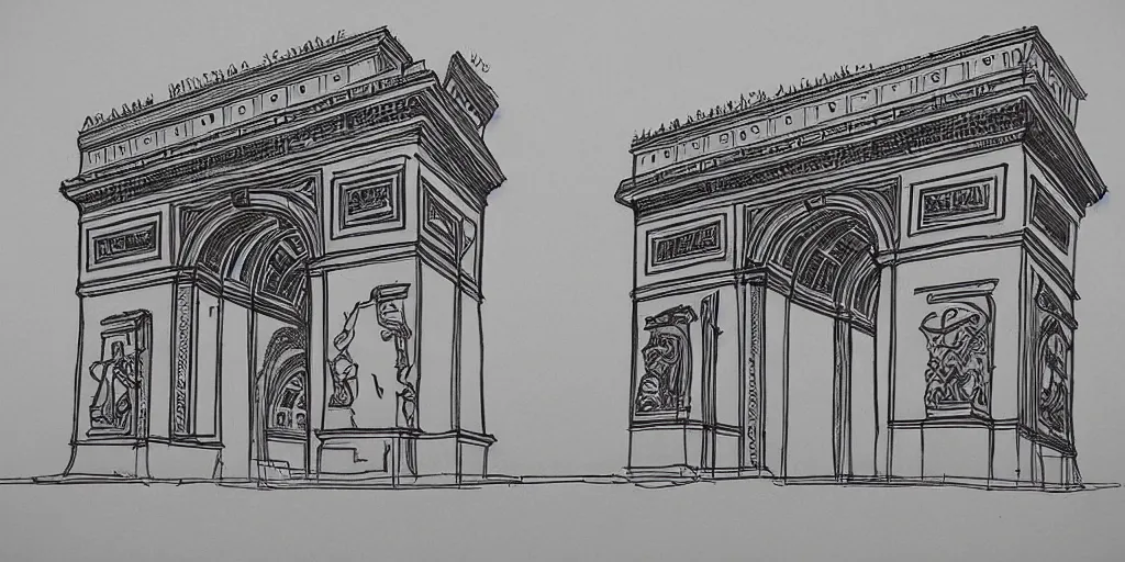 Image similar to architectural schematics Paris Arc de triomphe, drawn by Ed Wood Jr, in the style of Bauhaus