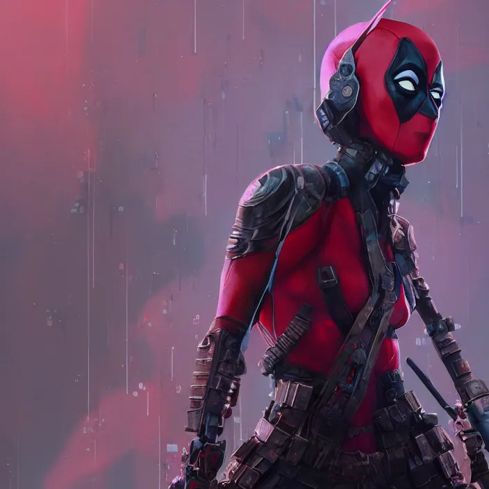Image similar to charlize theron as lady deadpool. intricate abstract. intricate artwork. by tooth wu, wlop, beeple, dan mumford. octane render, trending on artstation, greg rutkowski very coherent symmetrical artwork. cinematic, hyper realism, high detail, octane render, 8 k, iridescent accents