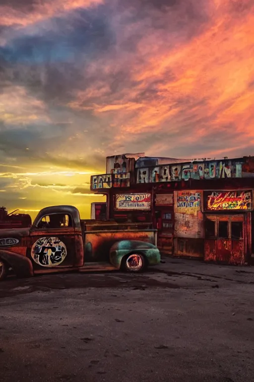 Image similar to a sunset light landscape with historical route 6 6, lots of sparkling details and sun ray ’ s, blinding backlight, smoke, volumetric lighting, colorful, octane, 3 5 mm, abandoned gas station, old rusty pickup - truck, beautiful epic colored reflections, very colorful heavenly, softlight