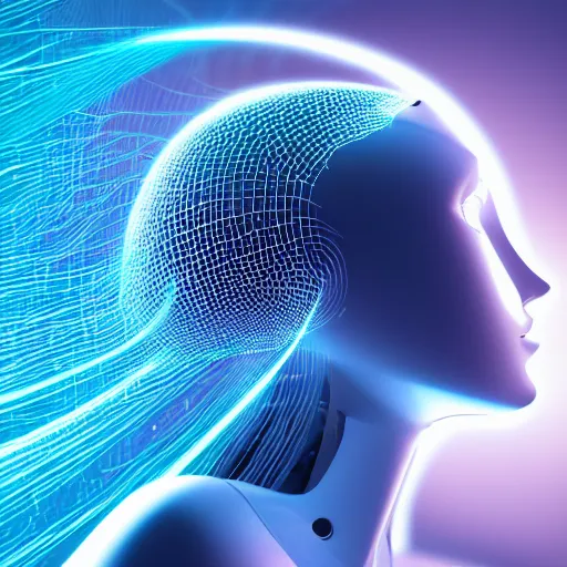 Image similar to sideview portrait of a robotic woman with wild, flowing audio cables for hair. visualized soundwaves pulsate in the background. 3 d illustration, lens flare, glows.