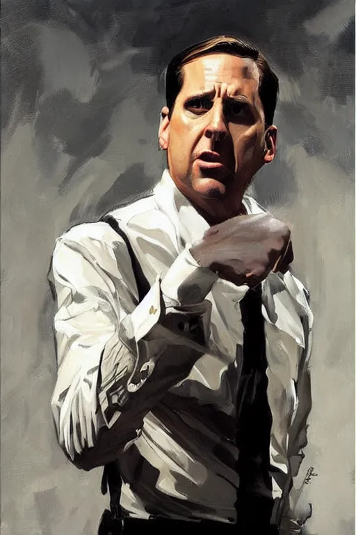 Prompt: michael scott fighting dwight schrute, painting by jc leyendecker!! phil hale!, angular, brush strokes, painterly, vintage, crisp