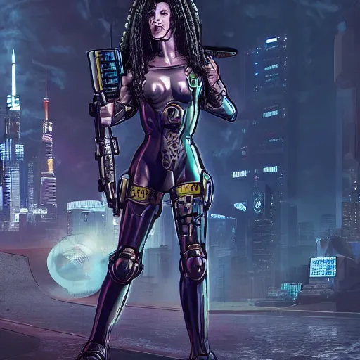 Prompt: photo of medusa in cyberpunk armour holding a bazooka