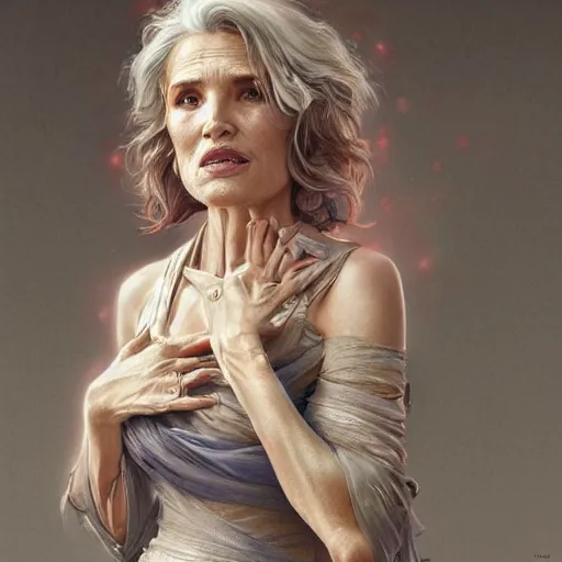 Image similar to ultra realistic illustration, bella thorne as old lady, intricate, elegant, highly detailed, digital painting, artstation, concept art, smooth, sharp focus, illustration, art by artgerm and greg rutkowski and alphonse mucha