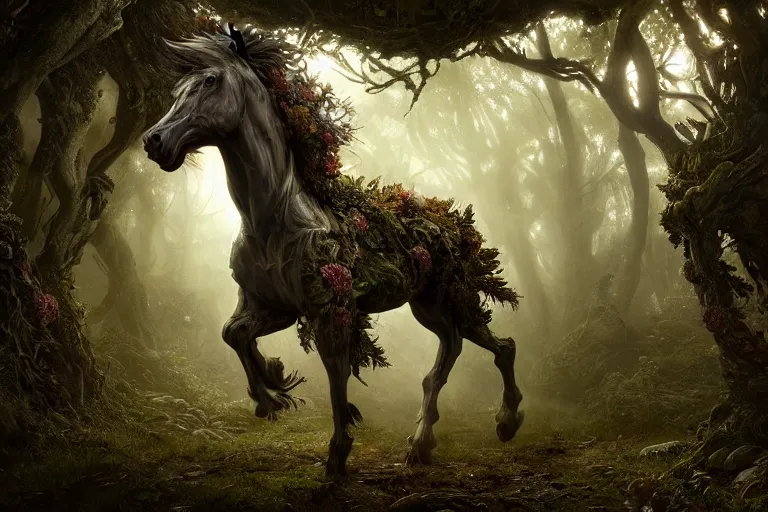 Image similar to a stunning horse made of gnarled wood with a thick mane of bioluminescent vines and flowers running through the woods by greg rutkowski, high key lighting, volumetric light, digital art, highly detailed, fine detail, intricate, ornate, complex, octane render, unreal engine, photorealistic