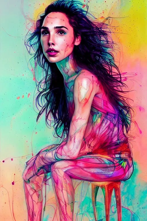 Image similar to gal gadot by agnes cecile enki bilal moebius, intricated details, sitting on a stool, full body portrait, extremely luminous bright design, pastel colours, drips, autumn lights