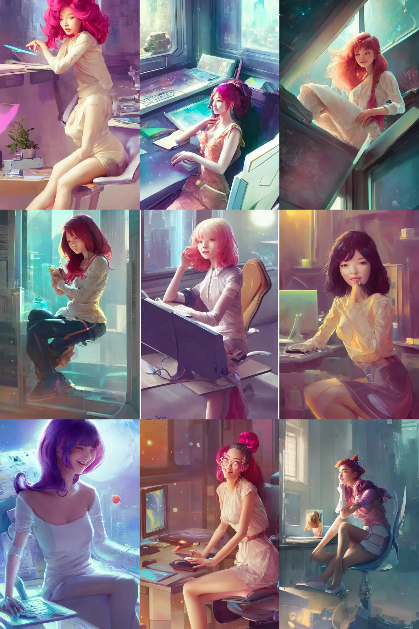 Prompt: a beautiful scifi girl sitting in her office | | cute - fine - subtle smile, colorful hair, face, pretty face, fine details by stanley artgerm lau, wlop, rossdraws, james jean, andrei riabovitchev, marc simonetti, and sakimichan, trending on artstation