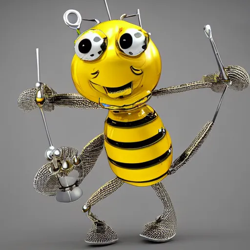 Prompt: 3d bee made of metal, shiny, playing drums onstage