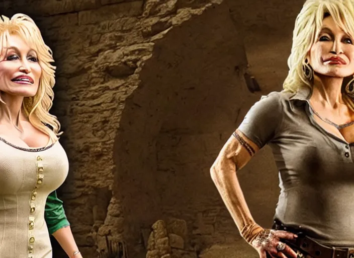 Image similar to film still of!!!! dolly parton!!! as lara croft in new tomb raider movie, 8 k