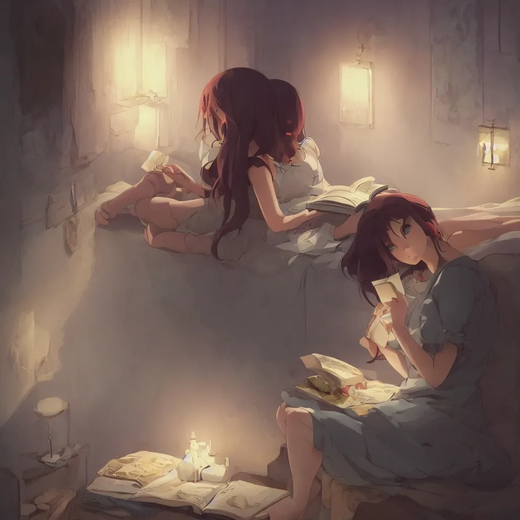 Prompt: beautiful scene render of a girl is reading a book, holding a cloth doll, dimly lit bedroom, hot cocoa drink, dessert, perfectly shaded, atmospheric lighting, style of makoto shinkai and peter mohrbacher, studio ghibli. artgerm, karol bak, beeple, animation style, 8 k hd, ultra wide angle, hyper detailed
