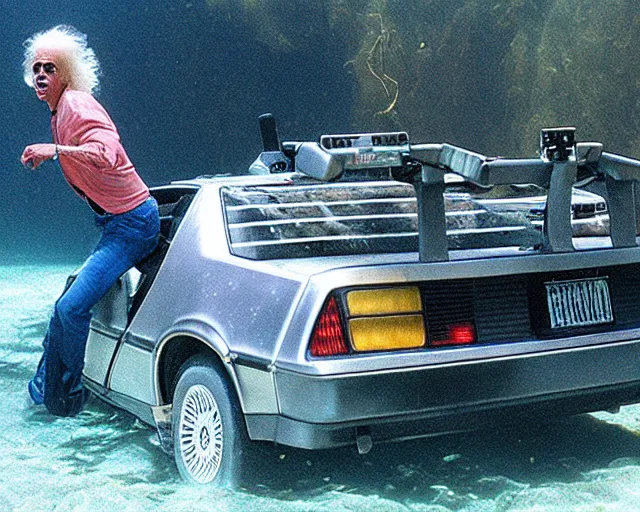 Prompt: doc brown and the delorean underwater