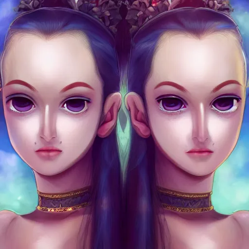 Image similar to two goddesses, third eyes middle of foreheads, long necks, very wide wide shot, very hairy bodies, beautiful colors, eyes in forehead, beautiful lighting, very detailed, eyes reflecting into eyes reflecting into infinity