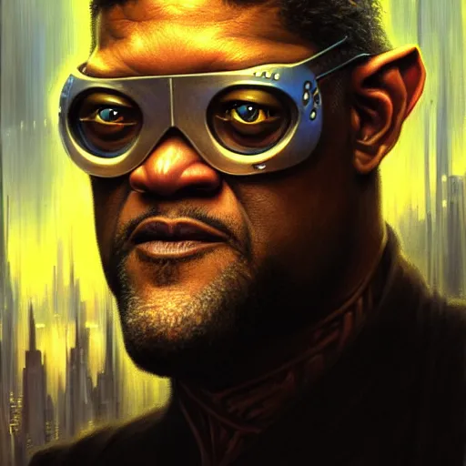 Image similar to portrait painting of a cyberpunk elven corporate boss laurence fishburne, sharp focus, award - winning, trending on artstation, masterpiece, highly detailed, intricate. art by greg staples and elsa beskow and brian froud and jessica rossier