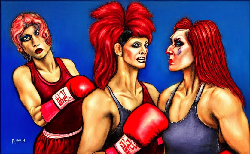 Prompt: boxing woman and drag queen by manfred rapp