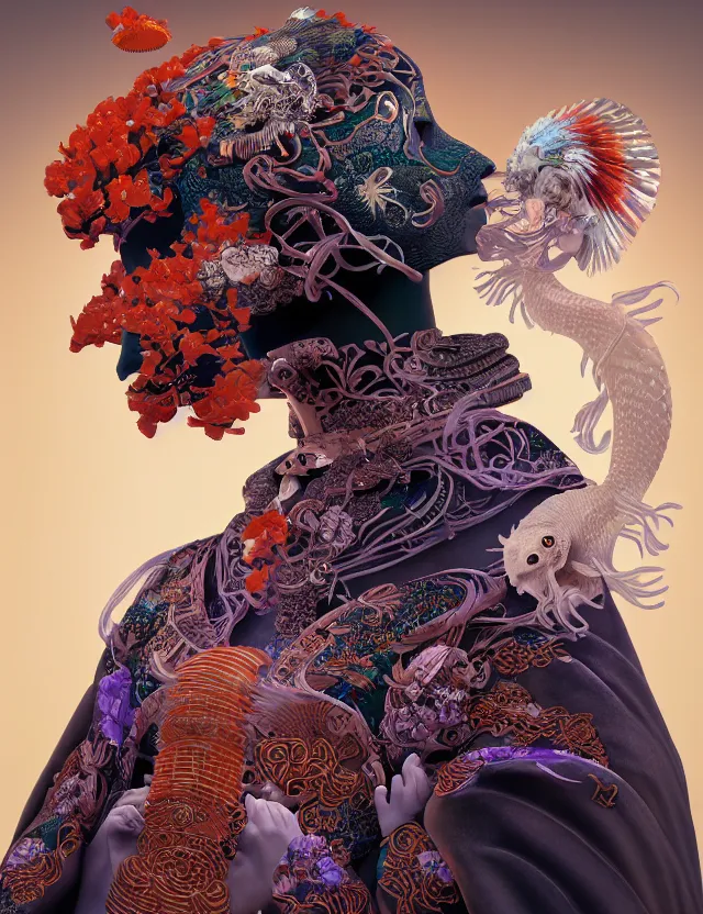 Image similar to 3 d goddess in robe close - up profile portrait with ram skull. beautiful intricately detailed japanese crow kitsune mask and clasical japanese kimono. betta fish, jellyfish phoenix, bio luminescent, plasma, ice, water, wind, creature, artwork by tooth wu and wlop and beeple and greg rutkowski