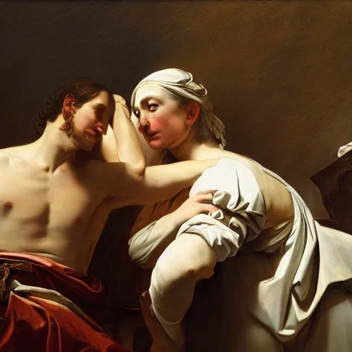 Image similar to grandiloquent enthralling covenant of the most dreadful and beautiful ambition, in the style of Howard Lyon, Jacques-Louis David, Caravaggio, Élisabeth Vigée Le Brun, dramatic lighting, establishing shot, detailed and clear beautiful realistic faces, 8k resolution – W 1024