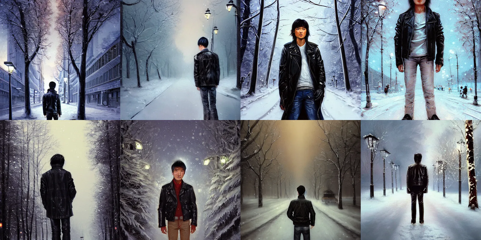 Prompt: beautiful snow - covered victor tsoi korean young man from back standing on alley with street lamps in park with pines, dressed in leather jacket, night, 1 9 8 0 s mullet long haircut, half - length portrait, perfect symmetrical eyes, cinematic by peter mohrbacher, detailed, hyperrealism, igla, artgerm, sidwill