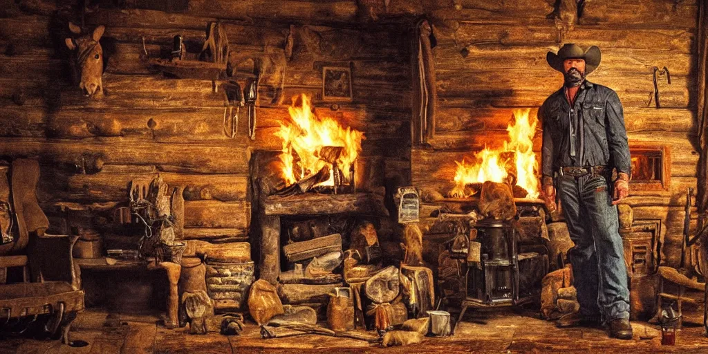 Prompt: in an old west cabin, close up shot a rugged, Dave Bautista cowboy standing (alone) at his fireplace, in the style of Fredrick Remington, oil painting