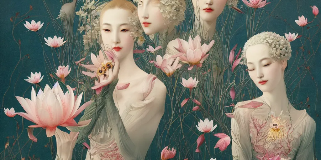 Image similar to breathtaking detailed concept art painting art deco pattern of blonde faces goddesses amalmation lotus flowers with anxious piercing eyes and blend of flowers and birds, by hsiao - ron cheng and john james audubon, bizarre compositions, exquisite detail, extremely moody lighting, 8 k