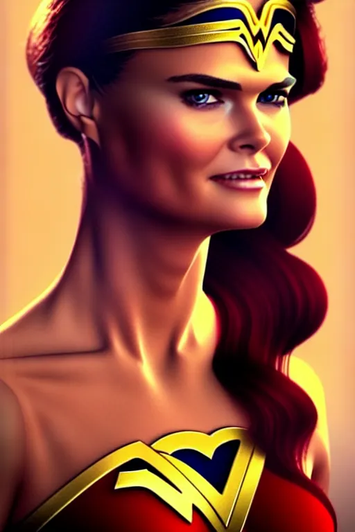 Image similar to portrait of a mix of beautiful young maria shriver, mariel hemmingway, brooke shields and elle macpherson as wonderwoman, thin lips, hair tied up in a pony tail, colorful artstation, cgsociety