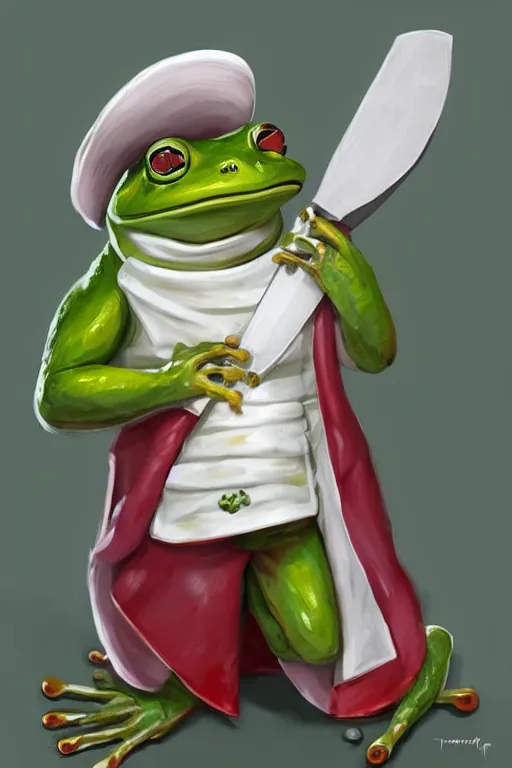Prompt: cute anthropomorphic frog wearing a white butcher coat with a white butcher hat and holding a cleaver, cutting a wipe red watermelon, tiny, small, miniature frog, baby animal, short, pale blue armor, cute and adorable, pretty, beautiful, DnD character art portrait, matte fantasy painting, cgsociety Artstation, by Jason Felix by Steve Argyle by Tyler Jacobson by Peter Mohrbacher, cinematic lighting
