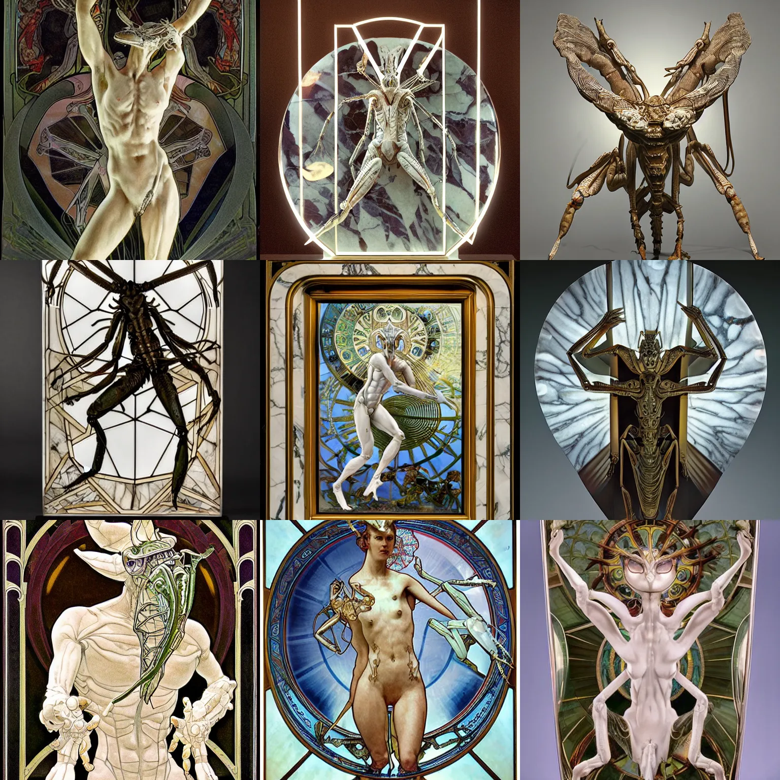 Prompt: intricate white marble sculpture of a predatory anthropomorphic mantis, brown exoskeleton, flat pancake triangle - shaped head, dramatic lighting, art by hr geiger and ridley scott and alphonse mucha