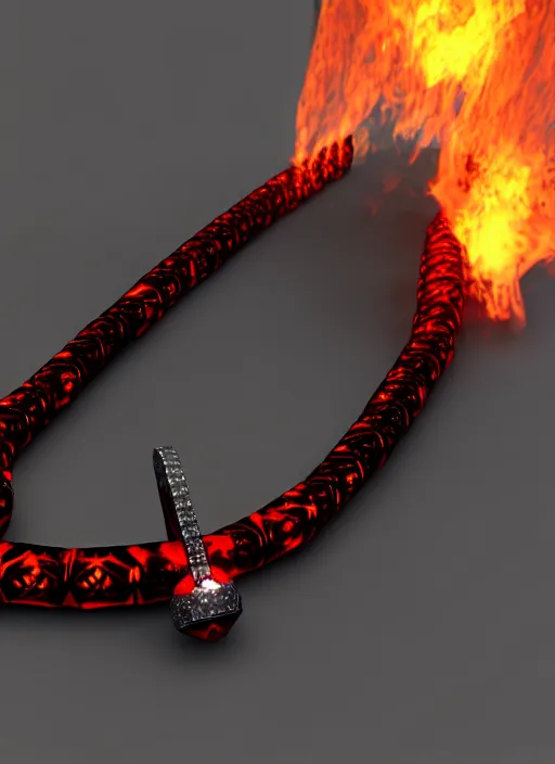 Prompt: rpg item, a black necklace with a red diamond pendant in flames, Unreal 5, DAZ, hyperrealistic, rpg style, octane render, dynamic lighting