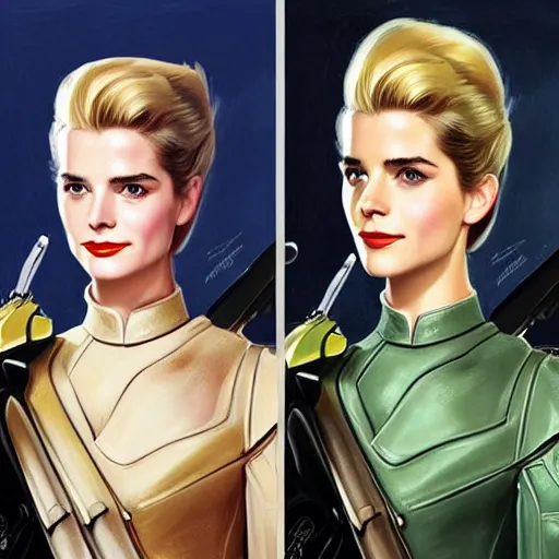 Prompt: A combination of Grace Kelly's and Emma Watson's and Ashley Greene's appearances with blonde hair wearing Master Chief's armor, full body portrait, western, D&D, fantasy, intricate, elegant, highly detailed, digital painting, artstation, concept art, matte, sharp focus, illustration, art by Donato Giancola and James Gurney