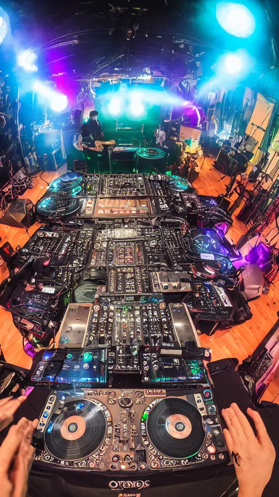 Image similar to award winning photo of an octopus! as a dj with tentacles! simultaneously placed turntables cdjs and knobs of a pioneer dj mixer. sharp, in front of a large crowd, studio, medium format, 8 k detail, volumetric lighting, wide angle, at an outdoor psytrance festival main stage at night