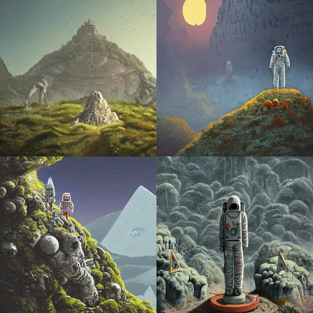 Prompt: marble monument of astronaut on top of hill covered by lichen in jungles and mountains and pyramids by Simon Stalenhag, detailed, digital art, matte, 4k resolution