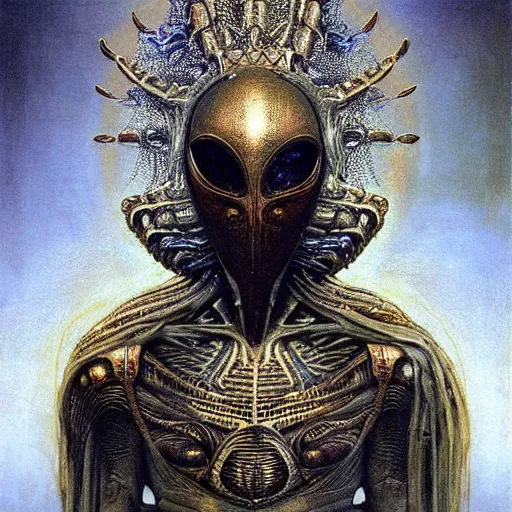 Image similar to Alien King in white imperial clothing, mantle, gold mask by Giger and Beksinski