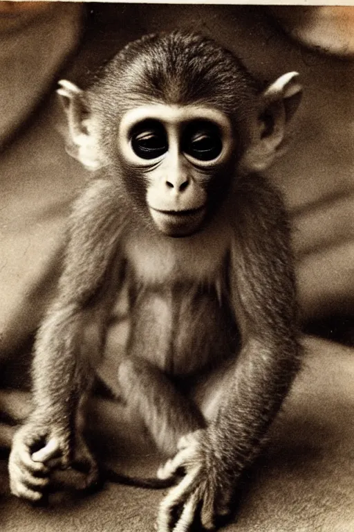 Image similar to horrifying failed soviet experiment, baby monkey hybrid, disturbing, vintage photo