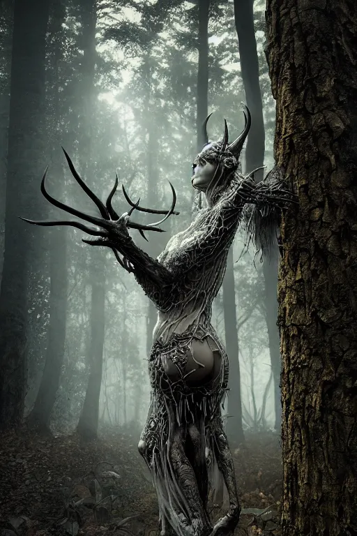 Image similar to fat old devil in the woods, the devil around, intricate, ethereal, by luis royo, hyper detailed, weta digital, ray trace, unreal engine, trending on artist, beautifully lit, cinematic, soft light, photorealistic, volumetric, realistic, glossy, 8 k post - production, masterpiece, luxury, smooth