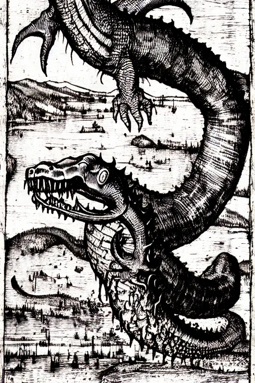 Image similar to ogopogo monster of the apocalypse, pen and ink illustration / renaissance woodcut by albrecht durer 1 4 9 6, 1 2 0 0 dpi scan, ultrasharp detail, hq scan, intricate details, stylized border